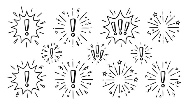 A collection of cartoon exclamation marks and speech bubbles on a white background