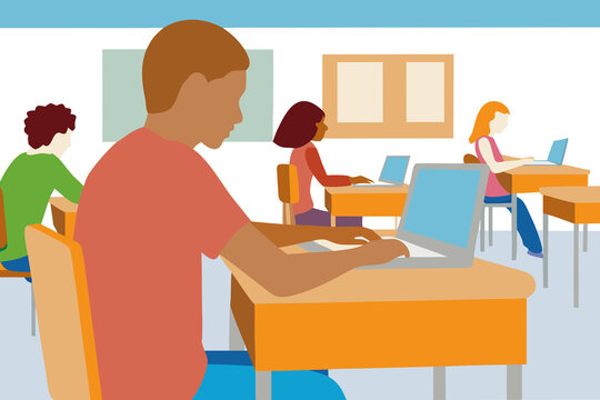 Students working from home in a classroom setting with diverse ethnic backgrounds during the day