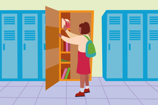 Work from home setup by a Black child organizing books in a school locker during the day in a bright classroom