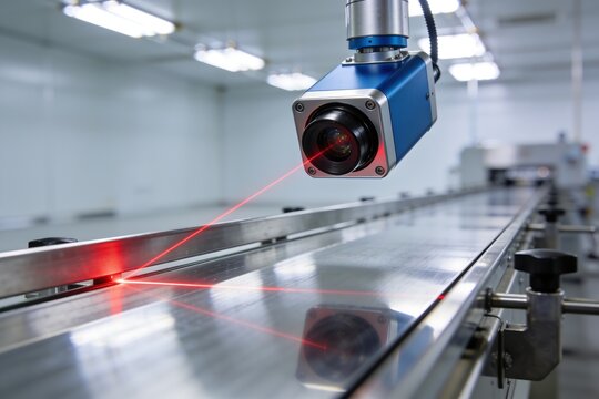 Advanced industrial sensor emitting laser over stainless steel conveyor belt, showcasing smart manufacturing, precision automation, quality inspection, robotics, engineering, efficient factory product