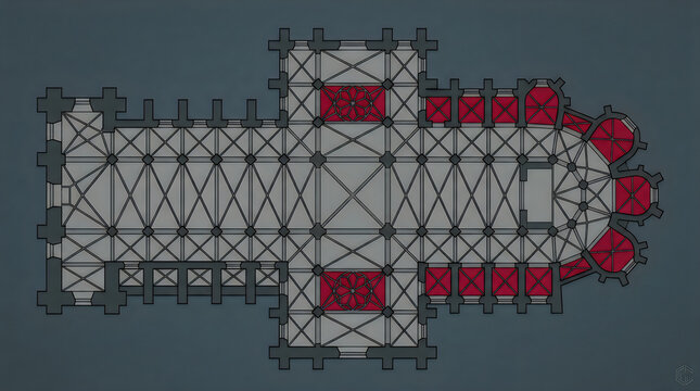 Gothic cathedral floor plan illustration, medieval church architectural blueprint, religious building layout with red accents and vaulted ceiling details