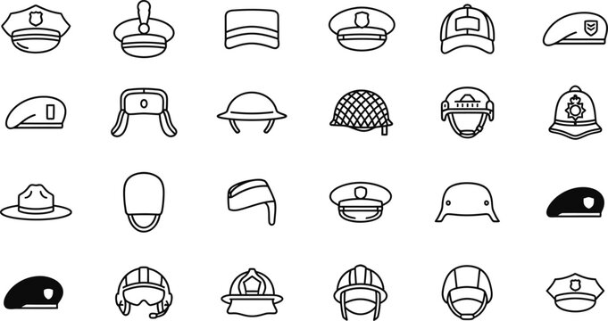Collection of various military and police headwear flat icons on a white background