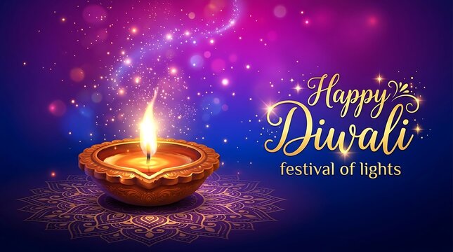Happy diwali greeting card with glowing diya oil lamp