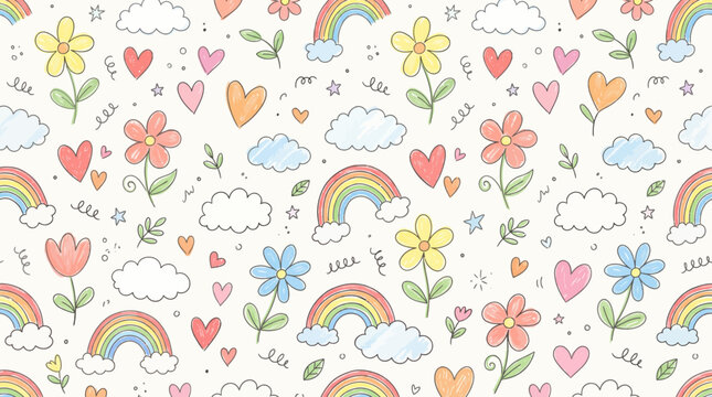 A colorful whimsical pattern of flowers, hearts, and rainbows on a white background