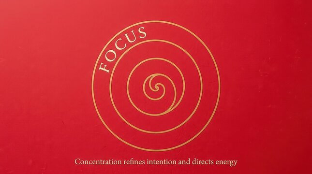 Gold spiral symbol with the word FOCUS in white text on a red textured background, representing concentration and intention.