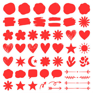 Red Doodle Shapes Collection Hearts Stars Flowers and Brush Strokes Set for Designs