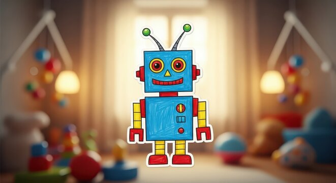 Hand-drawn blue robot sticker in a blurred nursery with soft lighting and baby toys