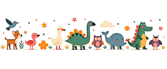 Fototapeta premium Cute cartoon animal character border featuring bird dinosaur owl whale and various forest creatures on horizontal flat vector background design.