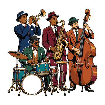 Four Piece Jazz Band with Trumpet Saxophone Drums and Bass Vector