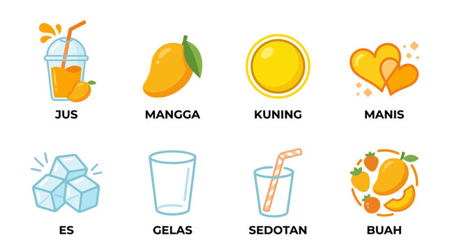 Mango Fruit Juice and Ingredients Flat Icons - JUS MANGGA KUNING MANIS ES GELAS SEDOTAN BUAH