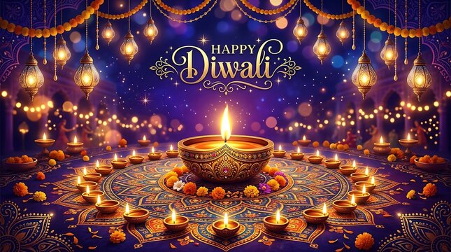 Happy diwali greeting card with lit oil lamps and rangoli