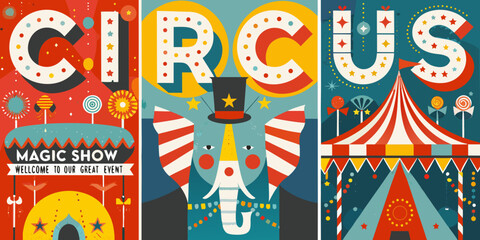 circus poster with colorful illustrations elephant tent © VectorArtQueen