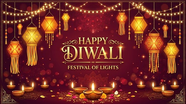 Happy diwali festival greeting with lanterns and oil lamps