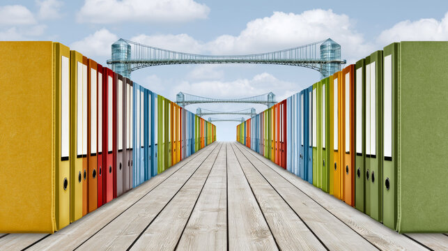 Surreal investigation scene with creative business evidence concept, colorful file folders line wooden path leading to bridge under blue sky with clouds