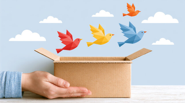 Surreal creative investigation with colorful birds flying from box symbolizing business evidence and freedom in conceptual scene with clouds and hand holding box