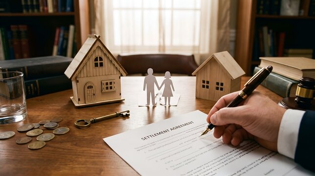Hand signing divorce agreement with paper couple and wooden houses on desk.