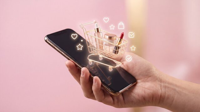 Beauty ecommerce mobile shopping concept, hand holding smartphone with cart containing serum lipstick and cream with heart star bag and checkmark icons, online cosmetic retail app