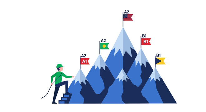 Language Learning Progress Illustration: Climber Ascending Mountains with A1, A2, and B1 Proficiency Level Flags representing Education and Career Goals