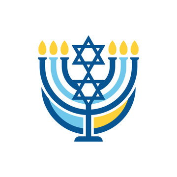 A stylized blue and yellow Jewish menorah icon with the Star of David
