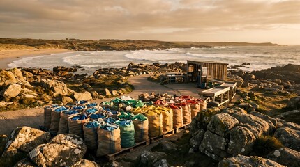 Obraz premium Colorful recycling bags collected on a rocky coastline during sunset.