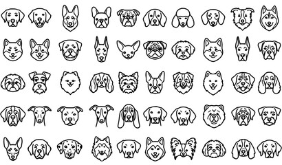 Fototapeta premium Dog Breed Faces Line Icon Set Canine Head Portrait Outline Vector Collection