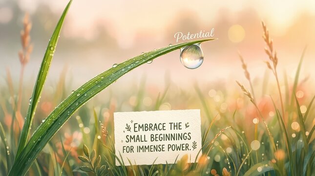 Inspirational quote about potential and small beginnings with a dewdrop on a grass blade at sunrise