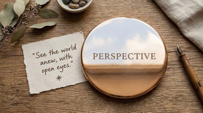 Inspirational quote about perspective on a reflective surface with natural elements and calligraphy pen on wooden table