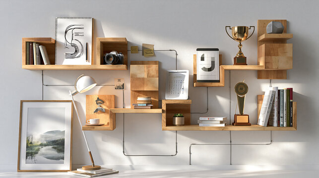 Modern Wooden Wall Shelves, Design Tools, Digital Devices and Achievement Awards