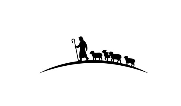 Pastoral shepherd and sheep hill black silhouette vector illustration for agriculture logo design