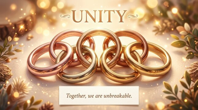Interlocking gold and rose gold rings symbolizing unity, connection, and unbreakable bonds, with subtle bokeh lights.