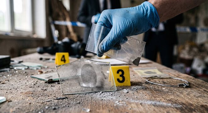 Forensic scientist in gloves collecting evidence at crime scene with evidence markers