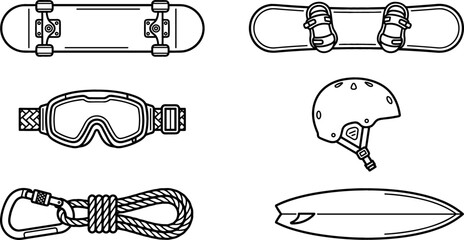 Extreme Sports Equipment Icon Set Featuring Skateboard, Snowboard, Surfboard, Helmet, Goggles, and Climbing Rope Line Art Vectors for Active Lifestyle Designs © DabashChandra