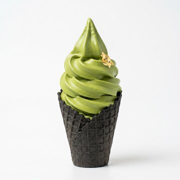 Isolated dead-center shot of a creamy matcha soft serve ice cream swirl in a charcoal waffle cone.