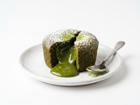 Isolated studio shot of a matcha molten lava cake sliced open with warm green tea chocolate oozing out. Premium dessert mockup.