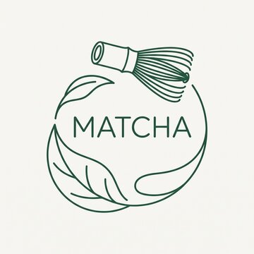 A minimalist dark green monoline icon design featuring the word "MATCHA" wrapped inside a continuous line art tea leaf frame over an off-white background.