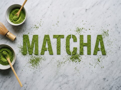 A top-down product shot of the word "MATCHA" stenciled using green tea powder on a light gray marble surface.