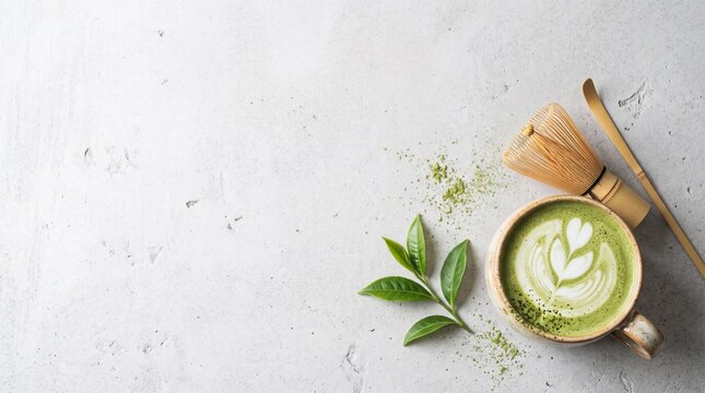An elegant flat lay background on a light grey concrete surface featuring a cup of hot matcha latte with foam art and copy space.