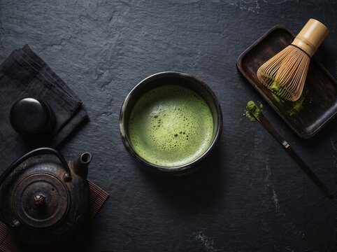 A dark moody flat lay background of a Japanese matcha tea ceremony with a frothy chawan bowl and bamboo whisk on black stone.