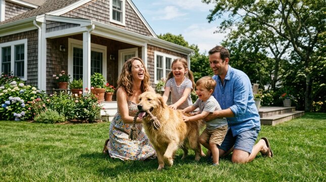 Happy Family with Golden Retriever Dog in Front of Suburban Home.