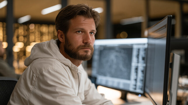Security analyst at a standing workstation studying a network intrusion map on a large vertical monitor, cascading alert logs scrolling beside the visualization, server room glass