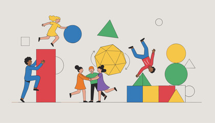 Naklejka premium Group of active children playing, climbing, and dancing among large colorful 3D geometric blocks and shapes.