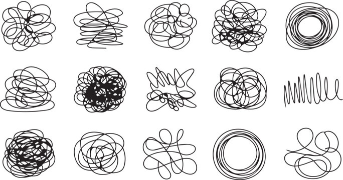 Doodle clew. Chaos lines, hand drawing tangled clew, insane mess scribble, confused brain thinking doodle, clutter complicated concept. Squiggles and scrawl vector set