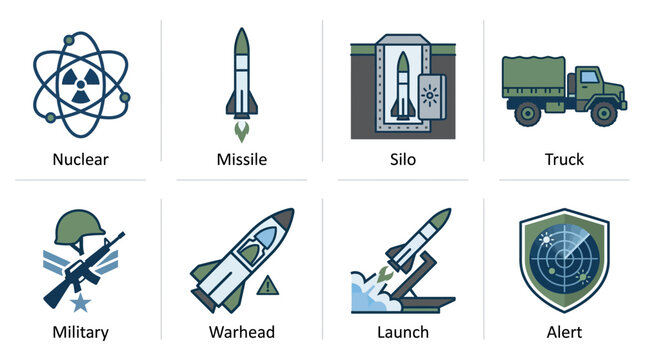 Military Technology Icons: Nuclear, Missile, Silo, Truck, Warhead, Launch, Alert