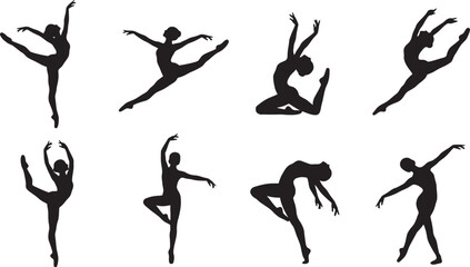Set of Ballet Dancer Silhouettes Vector Illustration with Graceful Ballerina Poses Jumping Dancing Fitness Yoga Gymnastics and Elegant Female Dance Movement Collection © BipashaSketches 