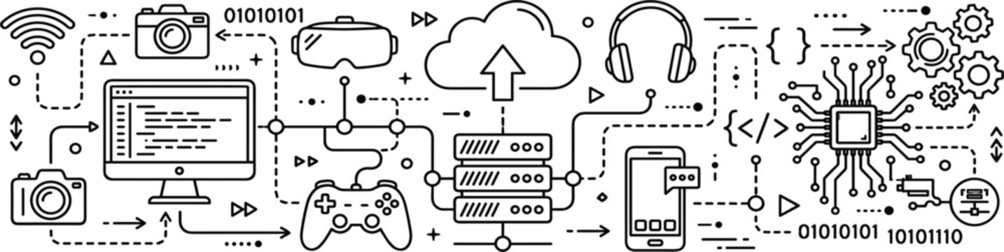 Advanced digital computing cloud hosting networks software programming code developer engineering internet technology concepts linear banner vector