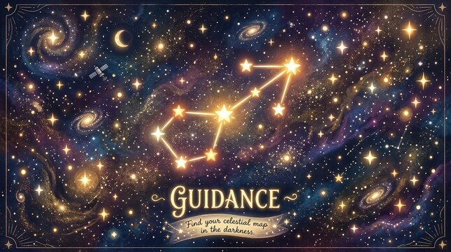 Magical starry night sky with constellations, galaxies, and the word GUIDANCE, symbolizing celestial map and cosmic exploration.