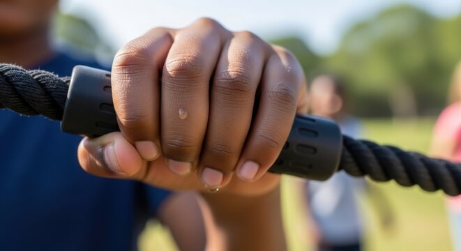 Close-up of hand gripping rope outdoors during exercise with participants engaged in physical activity. Focus on hand strength and teamwork with rope in fitness session.