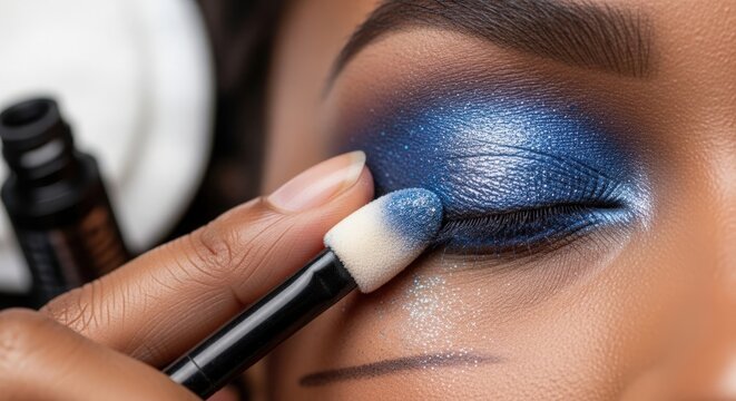 Makeup application with blue eyeshadow and blending brush on eyelid. Close-up of makeup process shows skilled hand applying vibrant blue eyeshadow. Concept of beauty and cosmetics for makeup artists.
