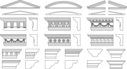 Classical architectural elements, pediments, cornices, and moldings outline vector illustration set for building design © Anamul Arafat