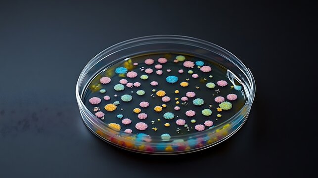 Petri dish with colorful bacterial cultures and microbes growing on agar medium in a scientific laboratory setting